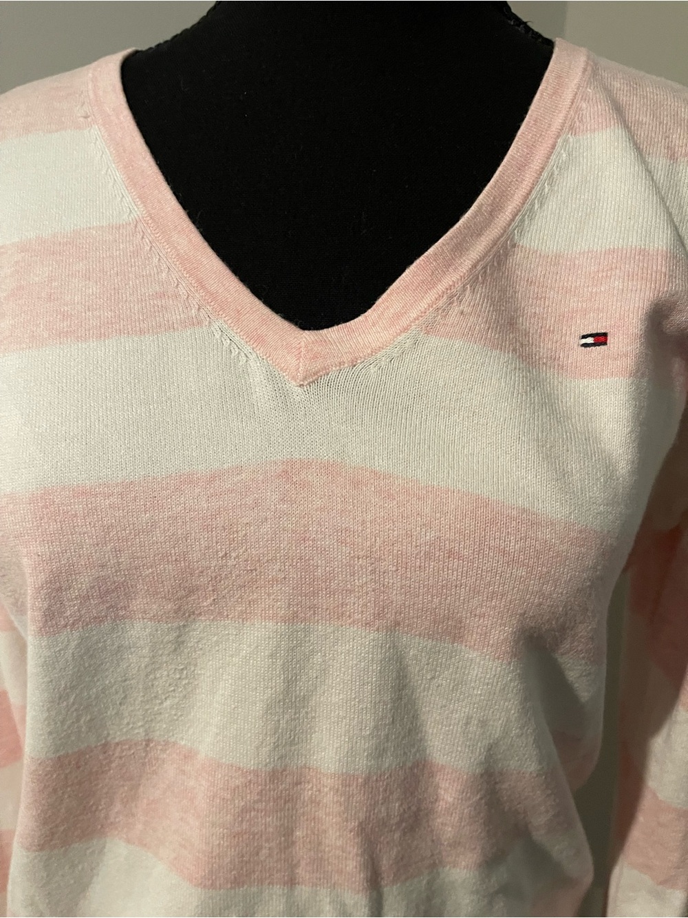 Tommy Hilfiger Pink and White Striped V-Neck Sweater